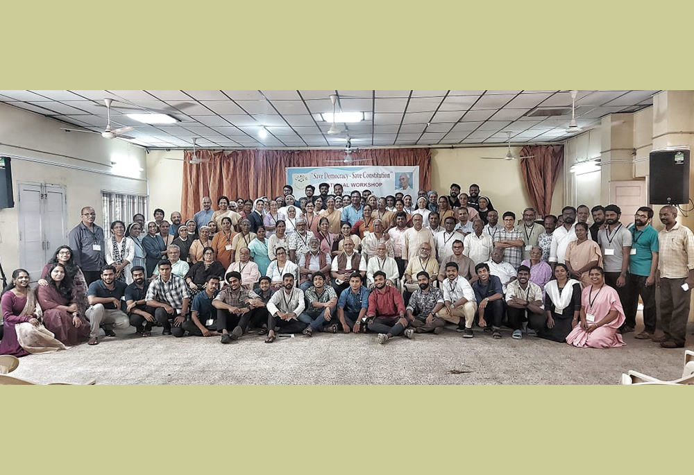 Delegates representing about 40 religious congregations of men and women at the national workshop "Save Democracy-Save the Constitution" gathered Oct. 12-14, 2023, in Travandrum, Kerala state, India. (Courtesy of Dorothy Fernandes)