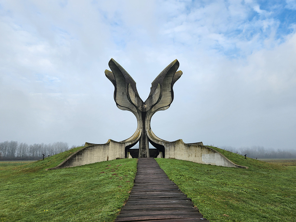 The "Flower Monument," often called the "Stone Flower," is a monument designed by Bogdan Bogdanović  and dedicated in 1966 to the memory of the dead at the Jasenovac concentration camp, Jasenovac, Croatia. (GSR photo/Chris Herlinger)