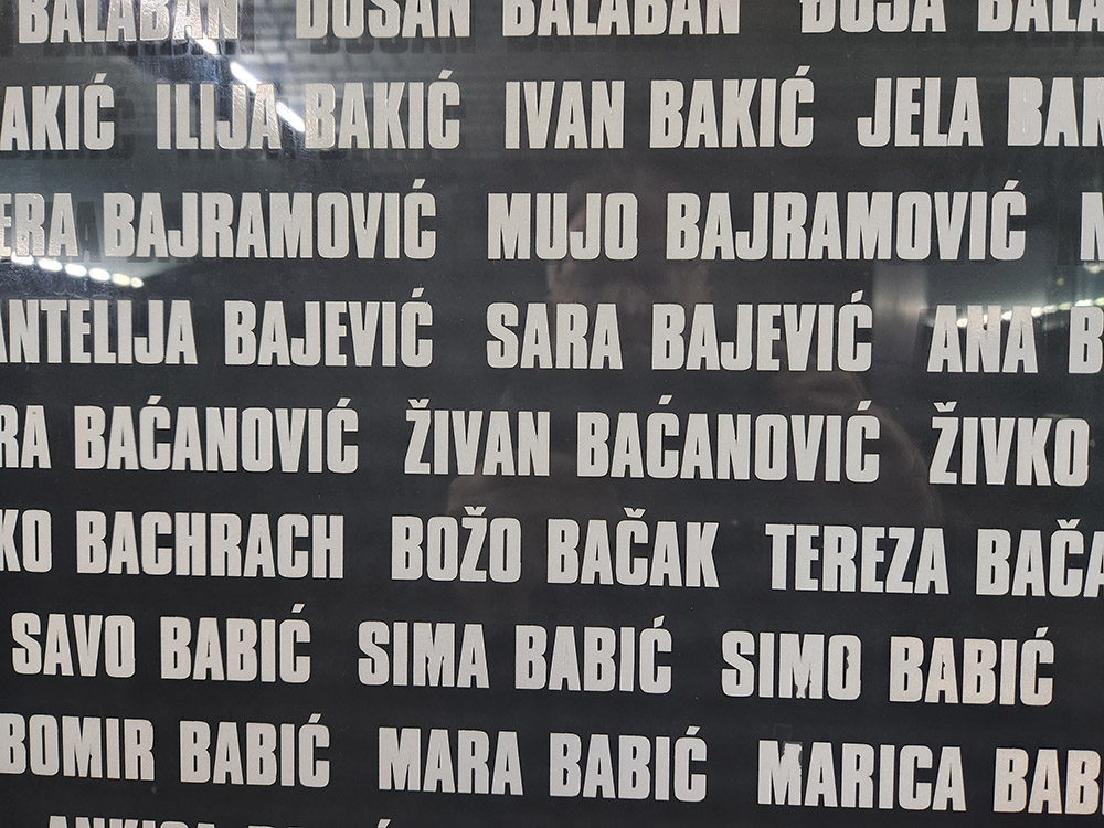 Names of the victims killed at the Jasenovac concentration camp, Jasenovac, Croatia, are memorialized at a museum at the site. (GSR photo/Chris Herlinger)