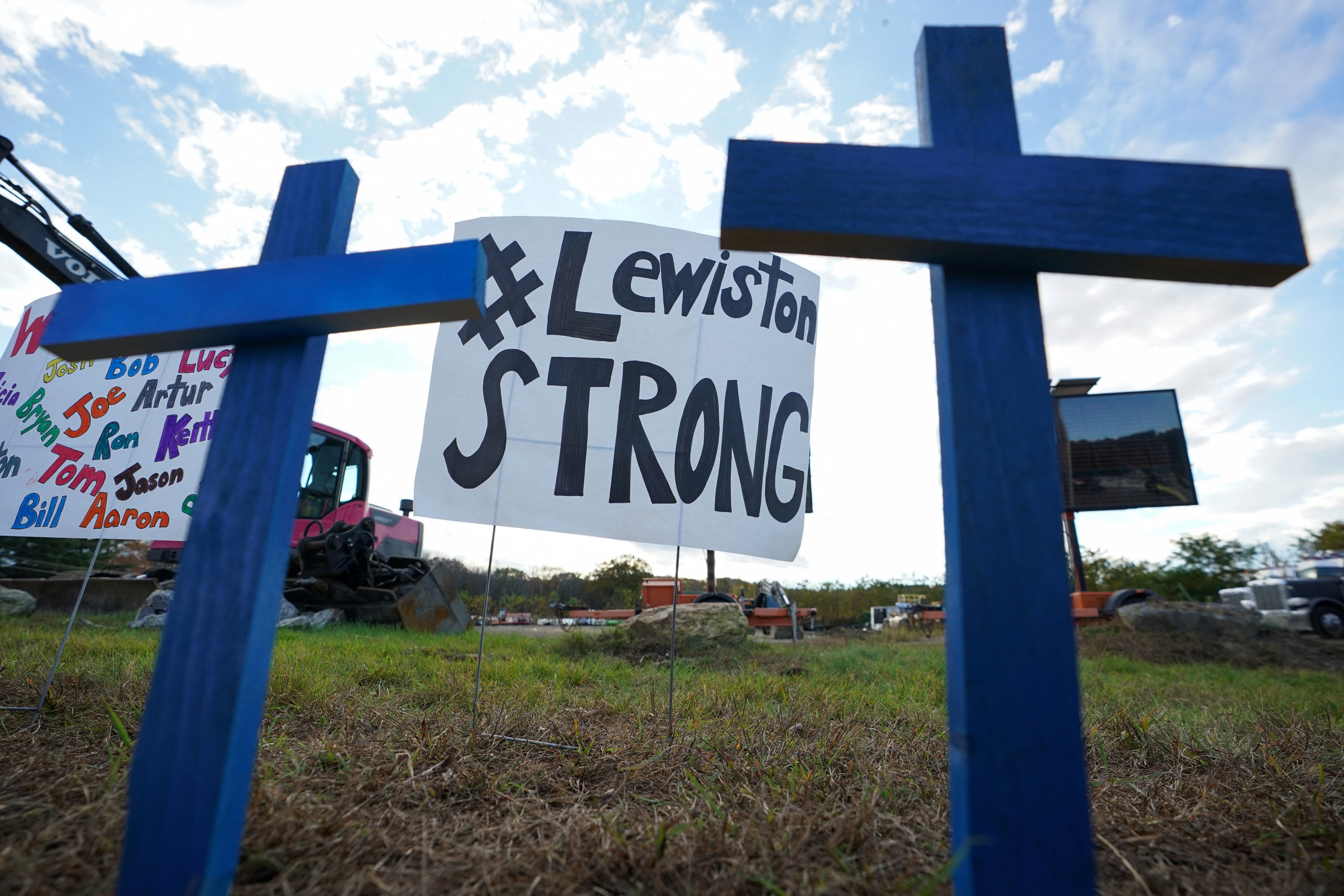 A makeshift memorial is seen in Lewiston, Maine, on Oct. 28, 2023, near Schemengees Bar & Grille Restaurant, one of the locations of Oct. 25 mass shootings.