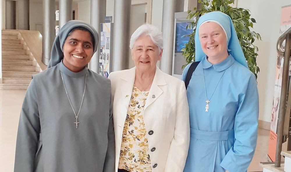 Sr. Anne Lyons, center, poses with Srs. Nisha and Elena at the Lateran University in Rome on July 7, 2023.