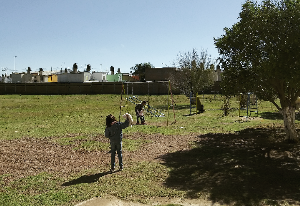 Tres niños juegan y toman el sol en una fría mañana de noviembre. En este vasto terreno abierto pronto se construirán nuevos espacios para albergar a más familias. (Foto: Jesús Leyva/ GSR)