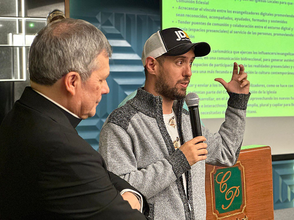 José Manuel De Urquidi (right) speaks about the initiative "The Church is listening" as Msgr. Lucio Ruiz, secretary of the Vatican's Dicastery for Communication, looks on. (OSV News/Courtesy of Juan Diego Network)