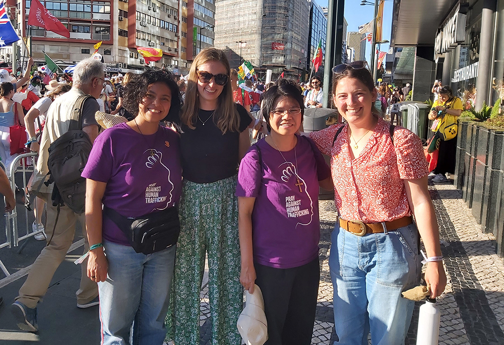 Sr. Abby Avelino, pictured here second from the right, participates in World Youth Day 2023 in Lisbon, Portugal, with Talitha Kum’s international team and youth supporters. (Courtesy of Abby Avelino)