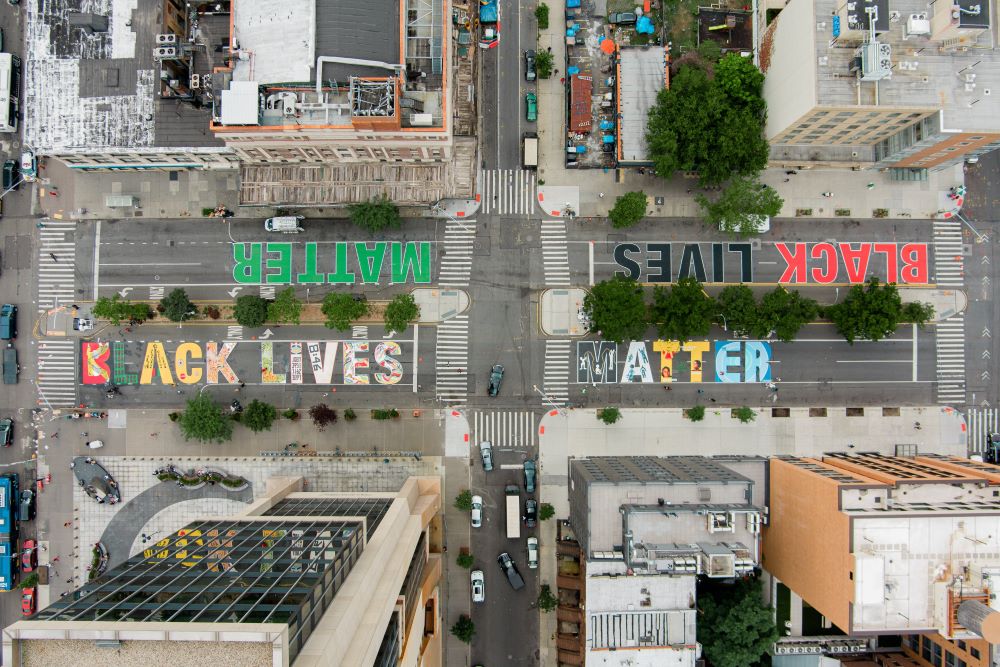 An aerial view of a "Black Lives Matter" mural is seen in the Harlem neighborhood of New York City on July 7, 2020. 