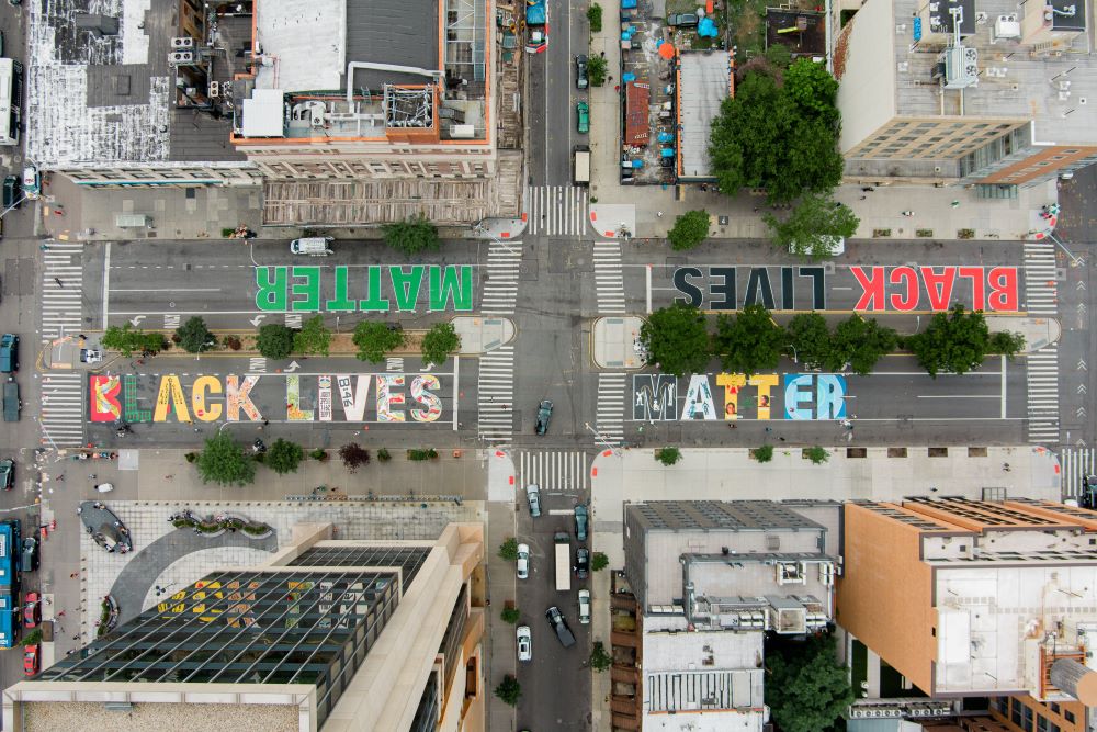 An aerial view of a "Black Lives Matter" mural is seen in the Harlem neighborhood of New York City on July 7, 2020.
