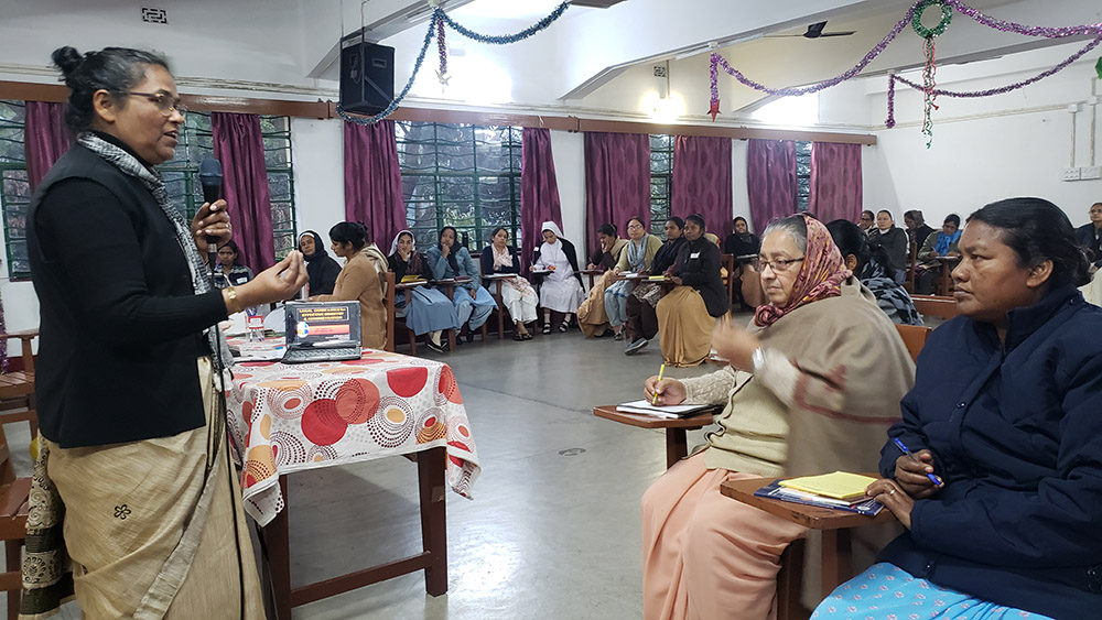Sr. Mary Scaria, a member of the Sisters of Charity of Jesus and Mary who is a New Delhi-based Supreme Court of India lawyer, addresses participants in the Jan. 19-21 training on the Grievance Redressal Cell launched by the Conference of Religious Women India, at the Jesuits' Dhyan Ashram Retreat Centre in the eastern Indian city of Kolkata. (Courtesy of Elsa Muttathu)