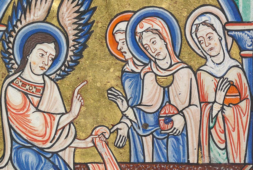 Detail from a 12th-century illumination depicting the three Marys at the empty tomb (Wikimedia Commons/Koninklijke Bibliotheek)