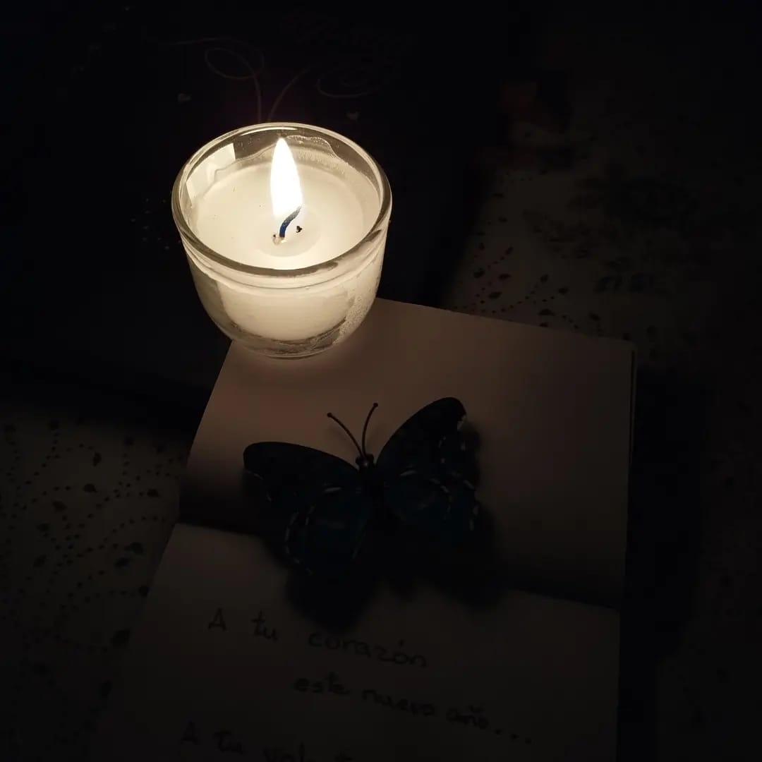 El suave resplandor de una vela y una mariposa sobre una Biblia,  símbolos del espíritu persistente de la vida consagrada, en las sombras, representan la esperanza del pueblo nicaragüense. (Foto: Vuelo en V)