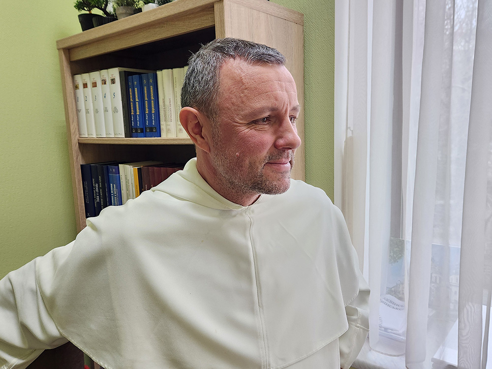 Dominican Fr. Petro Balog, who heads the Institute of Religious Sciences of St. Thomas Aquinas in Kyiv, at his office. "I think many people — not all, but many — are feeling pessimistic right now," he said in a recent interview. (GSR photo/Chris Herlinger)