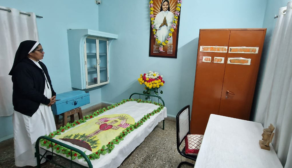 The bedroom of Blessed Sr. Rani Maria Vattalil is pictured. Vattalil, a Catholic nun martyred in 1995, was a member of the Franciscan Clarist Congregation, and was beatified in 2017. Her room is held in reverence, attracting people who visit to seek her intercession, in Udayanagar, India. (Courtesy of Tessy Jacob)