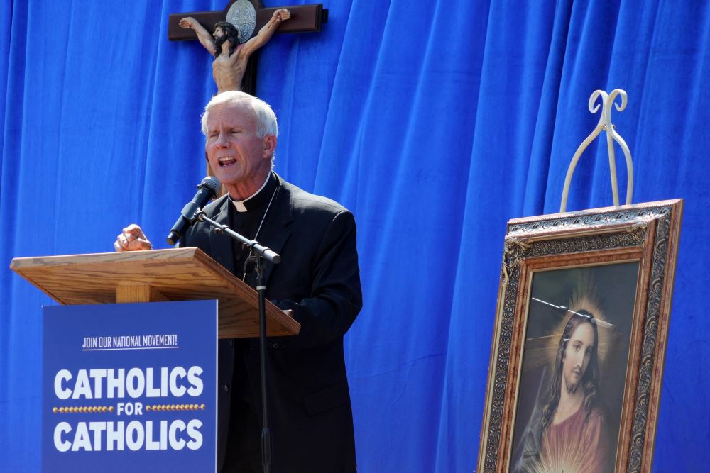 Former Tyler, Texas, Bishop Joseph Strickland speaks at a rally in Los Angeles June 16 to protest the LA Dodgers honoring the "Sisters of Perpetual Indulgence" drag group during the team's LGBTQ Pride Night at Dodger Stadium.