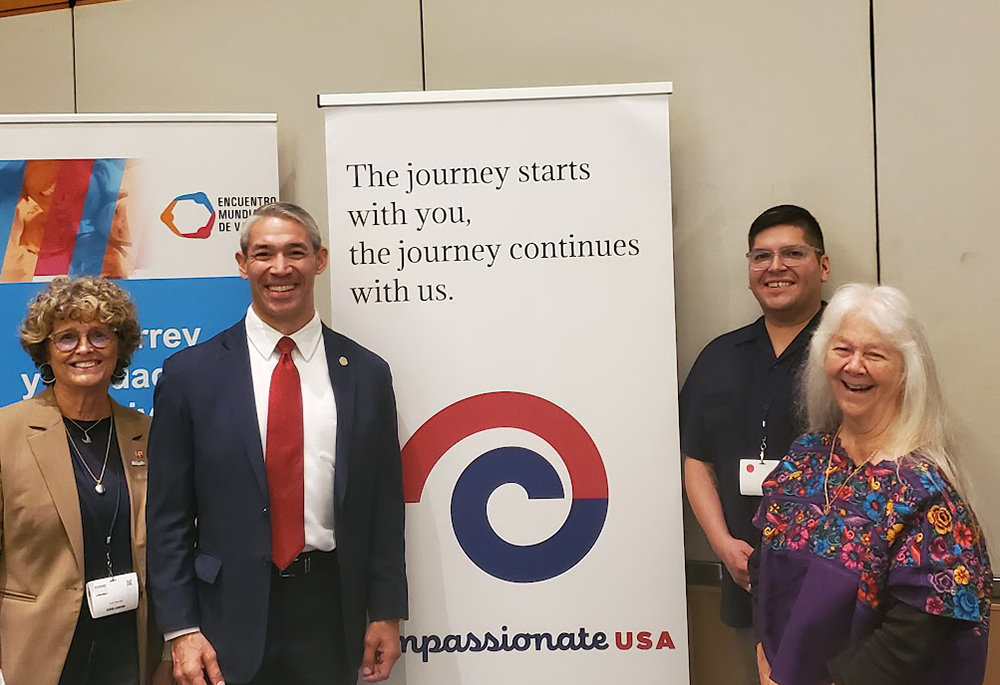 Martha A. Kirk, far right, is pictured with San Antonio Mayor Ron Nirenberg, second from the left, at the Parliament of the World's Religions, Aug. 16, 2023, in Chicago. (Courtesy of Martha A. Kirk)