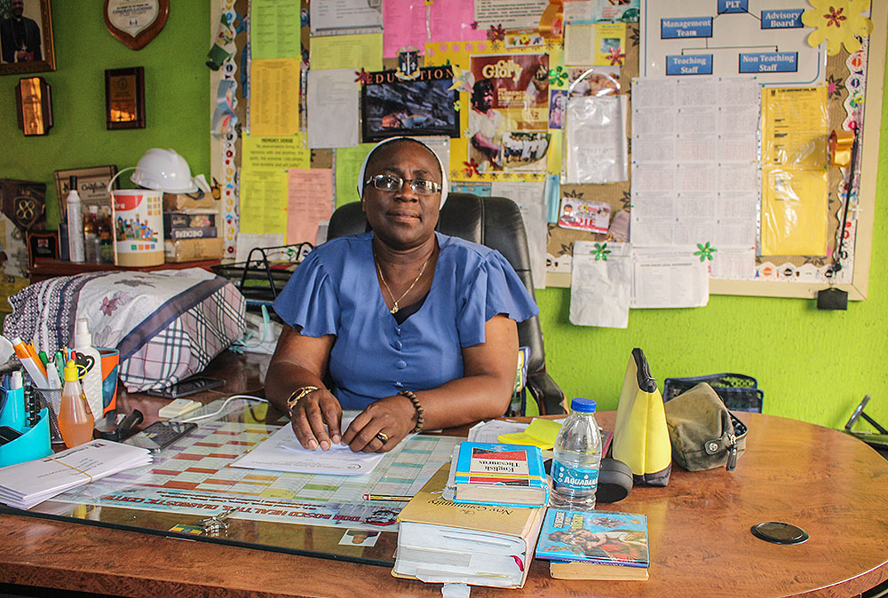 St. Louis Sr. Justina Ihechere, administrative head of St. Louis Nursery and Primary School, Akure, sits in her office Jan. 31. (GSR photo/Valentine Benjamin)