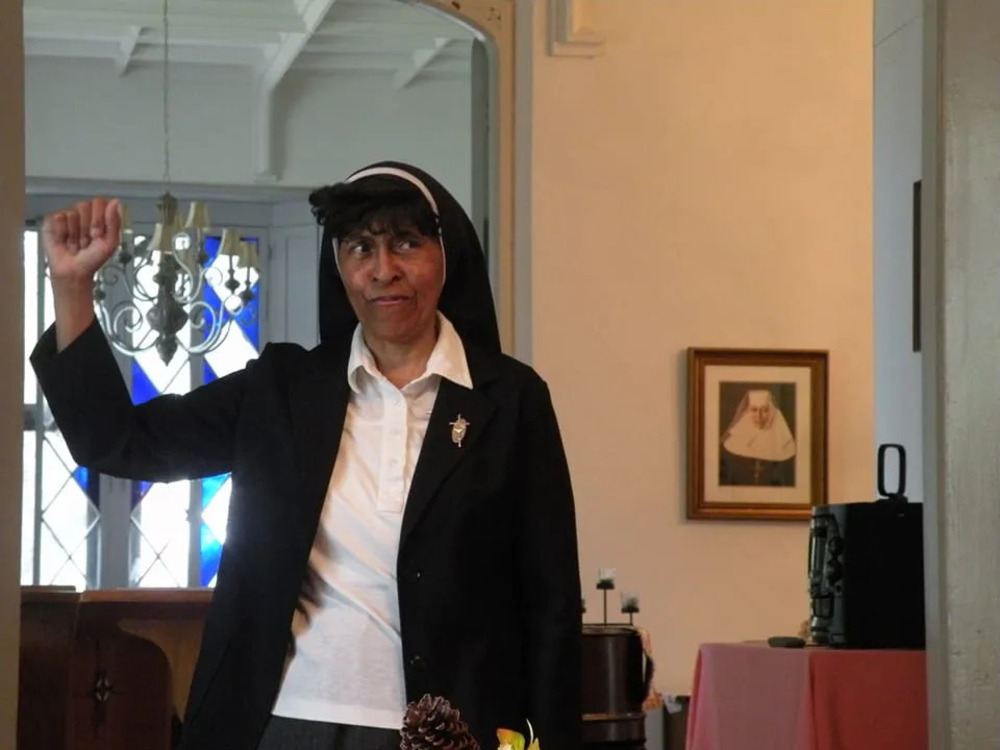 Sister Mary Roger Thibodeaux Sister Mary Roger Thibodeaux with fist raised