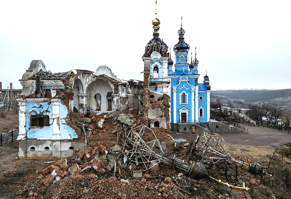 A church destroyed by a Russian attack on the village of Bohorodychne in Ukraine's Donetsk region is pictured Feb. 13, 2024. (OSV News/Reuters/Vladyslav Musiienko)