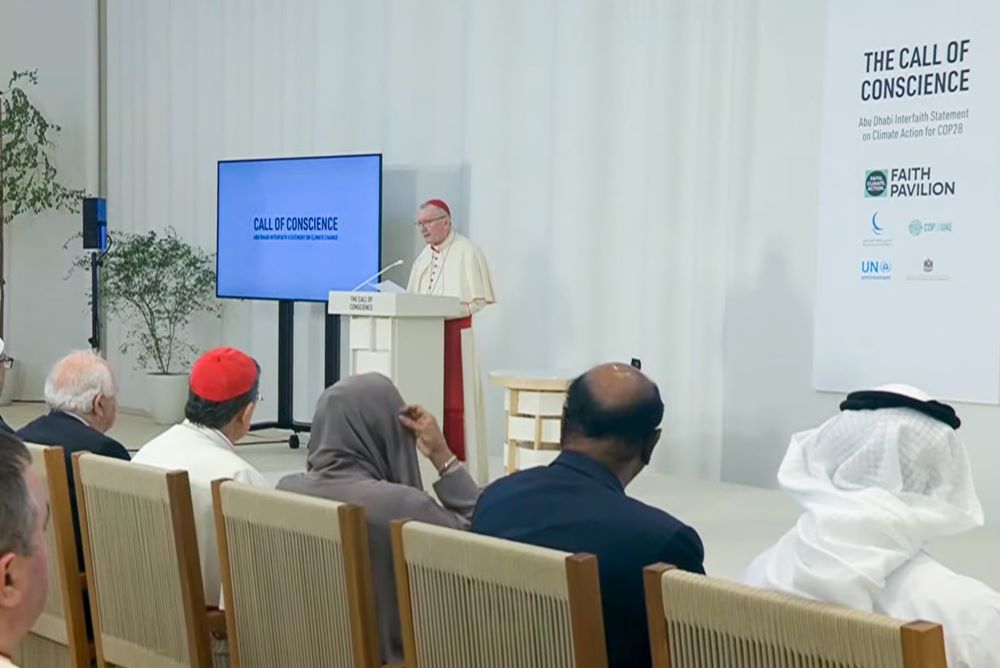 Cardinal Pietro Parolin, Vatican secretary of state, is seen in this screen grab reading Pope Francis' speech for the inauguration of the Faith Pavilion at COP28, the U.N. Climate Change Conference, in Dubai, United Arab Emirates, Dec. 3. 