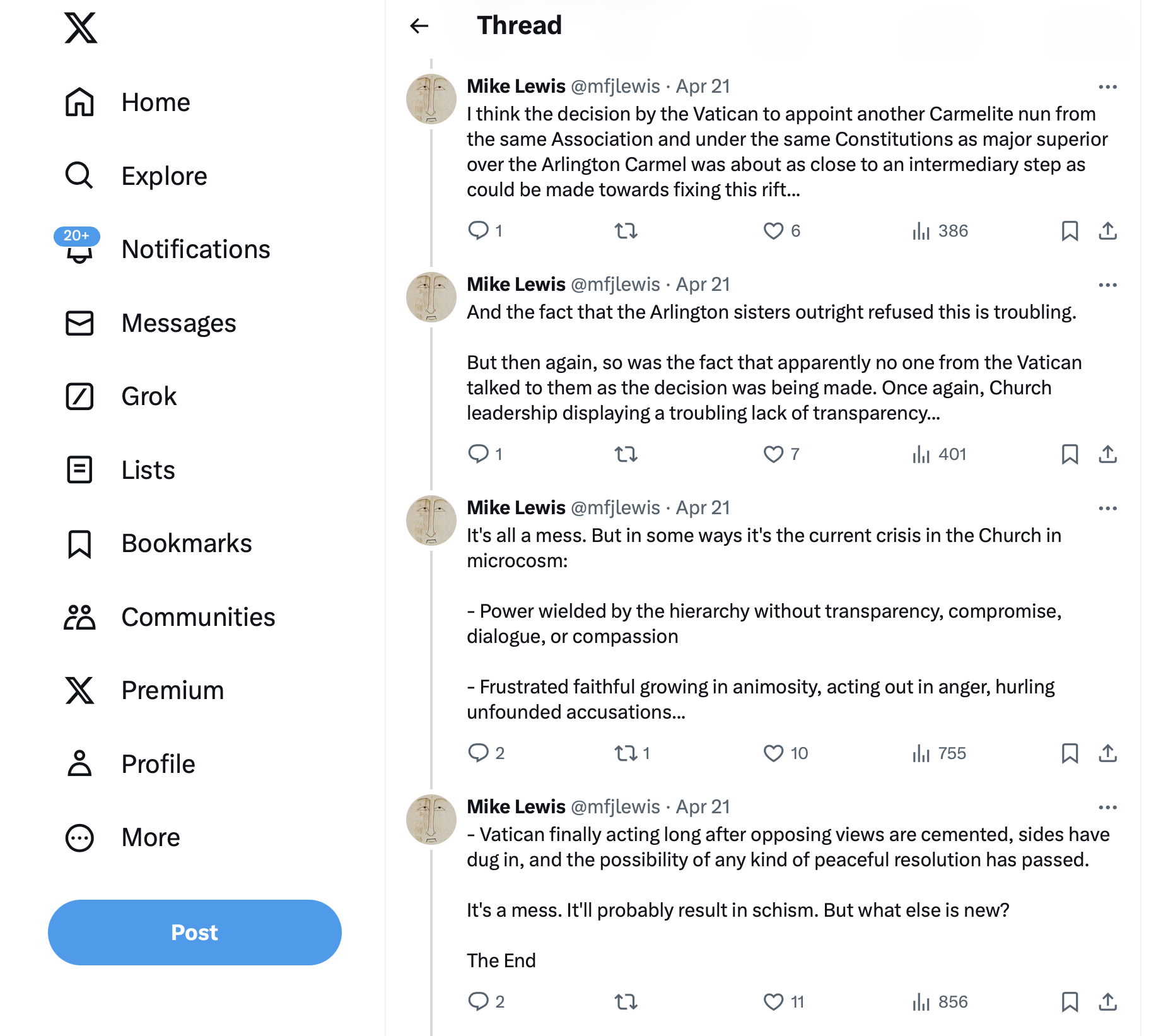 Mike Lewis, author of the Where Peter Is blog, wrote April 21 on X, formerly known as Twitter, about the dispute between the Arlington, Texas, Discalced Carmelites and the bishop of Fort Worth.