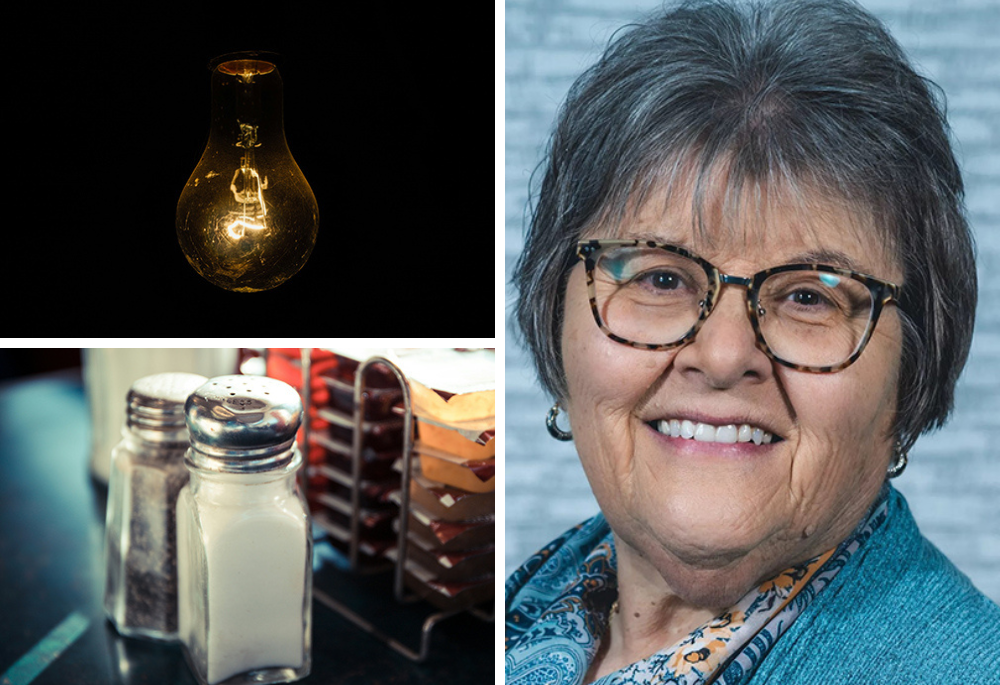 Judy Zielinski is pictured in a composite image. She tells GSR that she has "a little postcard on my refrigerator that says at the top 'Be these,' and it's a picture of a lightbulb and a salt shaker." (Unsplash/Peter Werkman, top left, Rodion Kutsaiev, bottom left; photo courtesy of Judy Zielinski)