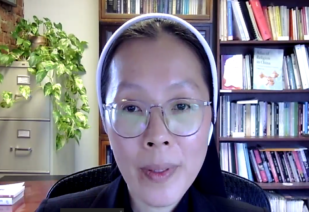 Lovers of the Holy Cross Sr. Mary Thu Do, a research associate for Center for Applied Research in the Apostolate, speaks in a webinar on the status of religious life in Vietnam. (Screenshot/Joachim Pham)