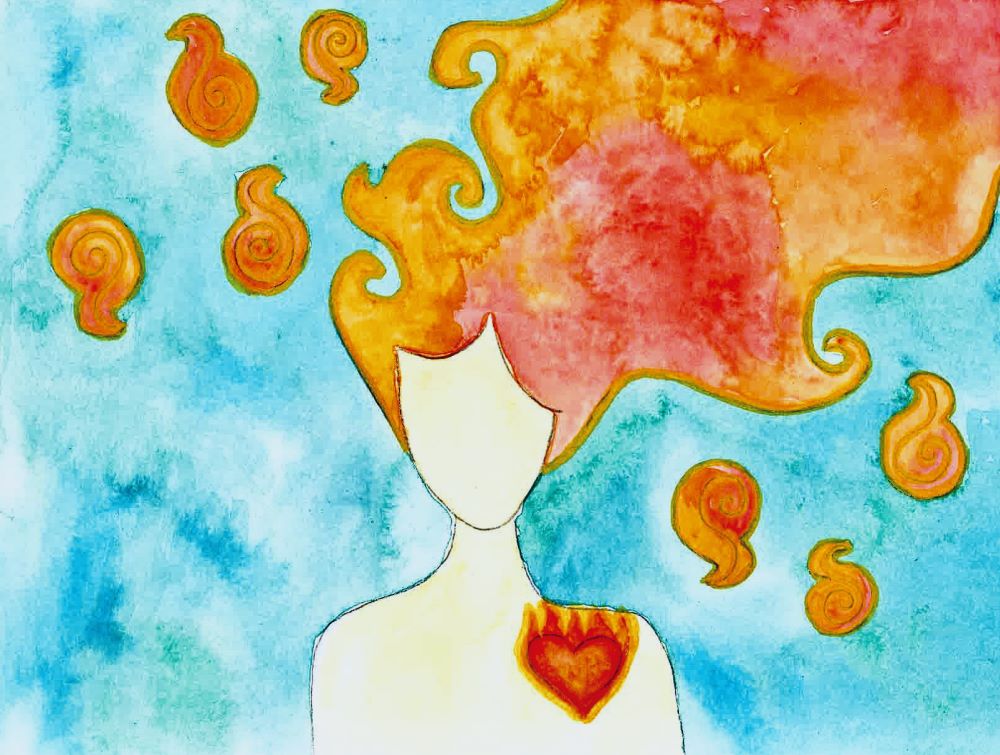 outline of a woman's head and shoulders, surrounded by red flames
