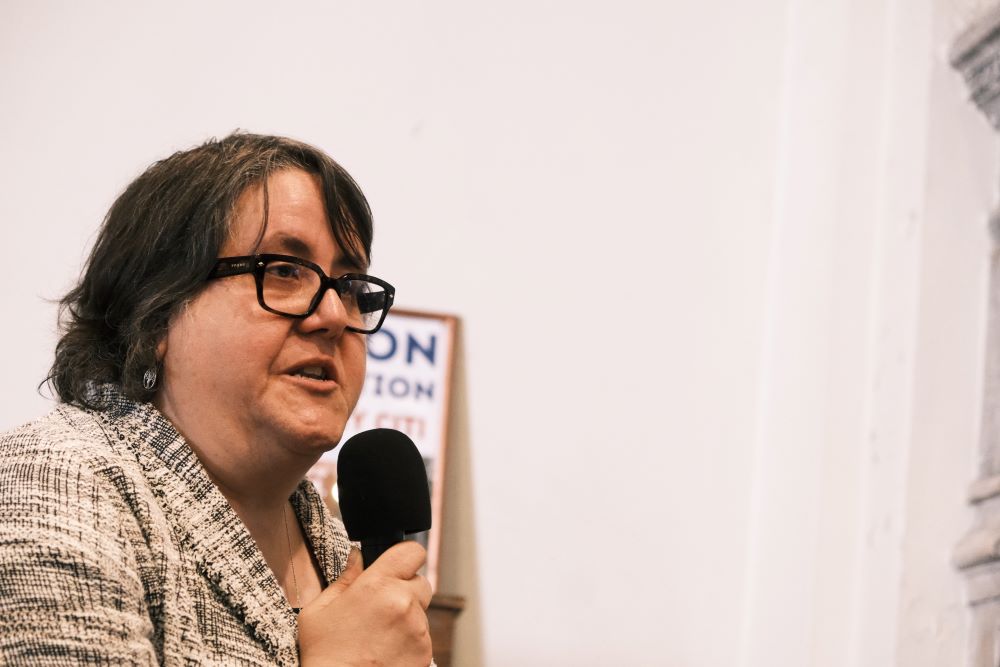 Sr. Susan Francois speaks April 22 in New York at a hearing held by environmental leaders to examine Citigroup's record on environmental racism.
