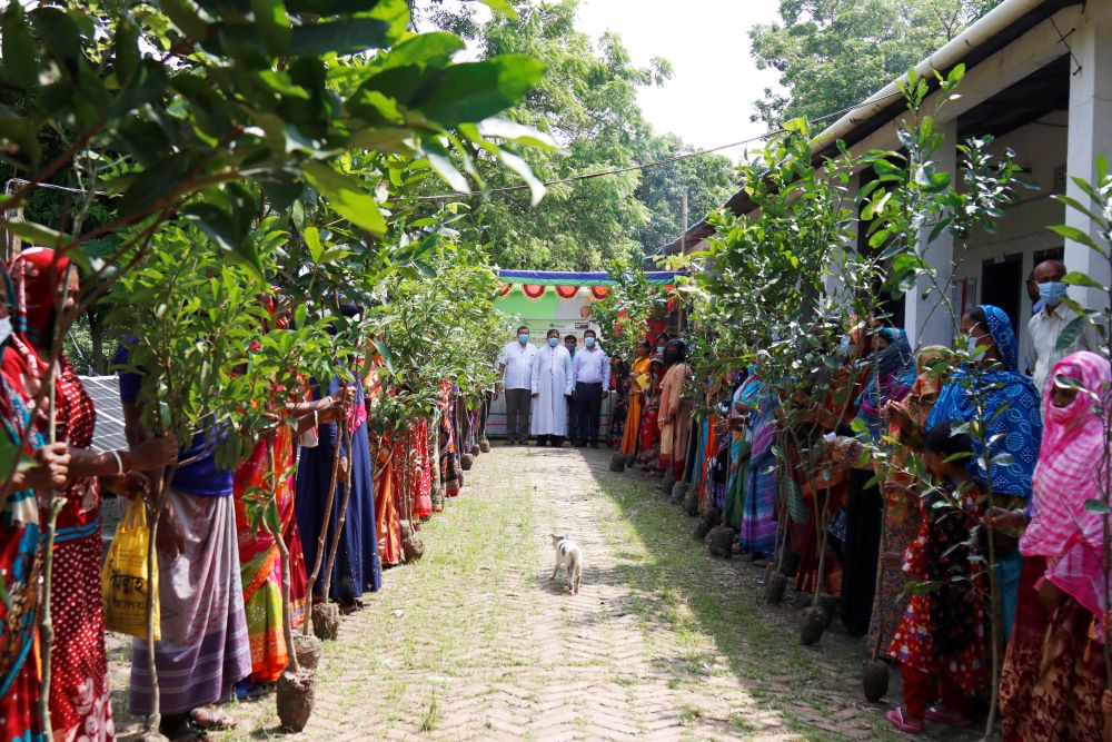 A church official distributes trees to rows of people.