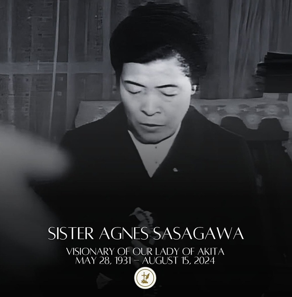Sr. Agnes Sasagawa. A black and white photograph of Sr. Agnes, labeled with her name, her title as "Visionary of Our Lady of Akita," and the dates of her birth and death.