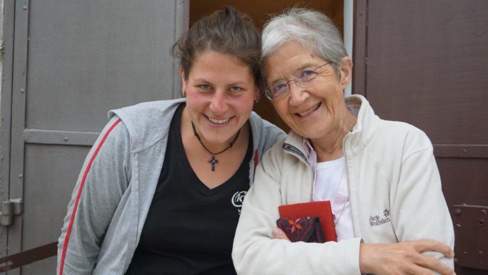 Sr. Hildegard Enzenhofer and a volunteer