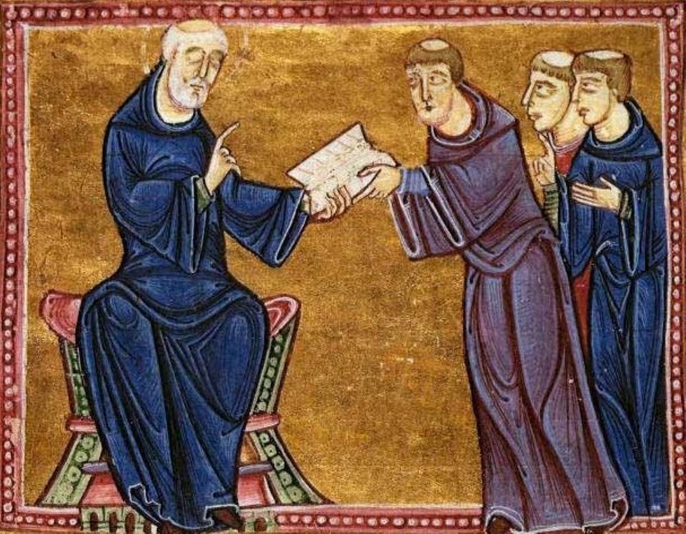 St. Benedict delivers his Rule to St. Maurus and other monks of his order in this 12th-century artwork. St. Benedict delivers his Rule to St. Maurus and other monks of his order in this 12th-century artwork.