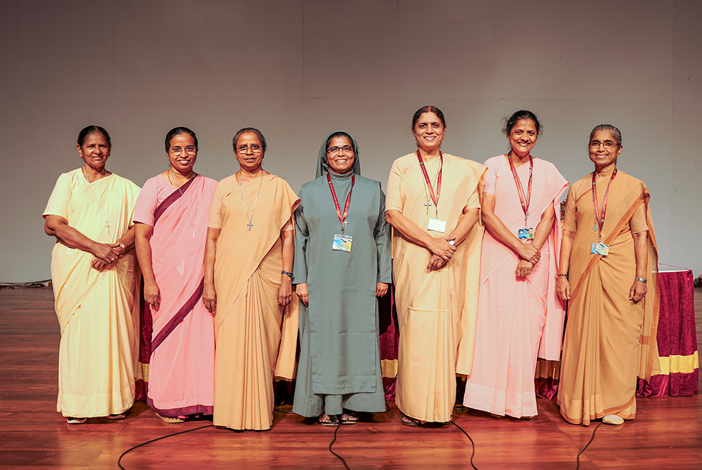 The leaders of the Conference of Religious India Women, from left: Holy Family Sr. Aruna Jose (vice president), Salesian Sr. D.J. Margaret, St. Anne Sr. Sheela Nicolas, Our Lady of Fatima Sr. Maria Goretti, Apostolic Carmel Sr. Maria Nirmalini (president), Society of St. Anne Sr. Celine Fatima and Canossian Sr. Audrey D'Souza (Courtesy of Maria Nirmalini)
