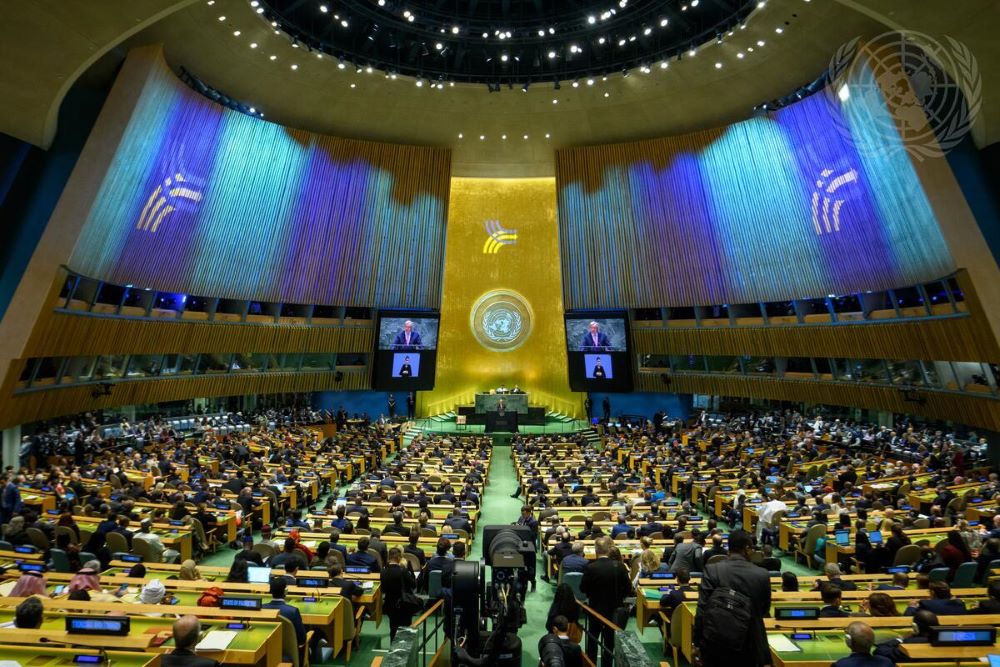 United Nations Secretary-General António Guterres, at the podium and on screens, addresses the opening of the Summit of the Future on Sept. 22. During the Sept. 22-23 event at the U.N. in New York, member states reaffirmed their commitment to sustainable development goals. (UN/Loey Felipe) United Nations Secretary-General António Guterres, at the podium and on screens, addresses the opening of the Summit of the Future on Sept. 22. During the Sept. 22-23 event at the U.N. in New York, member states reaffirmed their commitment to sustainable development goals. (UN/Loey Felipe)