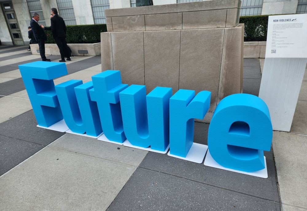 A sculpture outside the United Nations' General Assembly Building during the Sept. 22-23 Summit of the Future made of large blue letters that spell "Future." A sculpture outside the United Nations' General Assembly Building during the Sept. 22-23 Summit of the Future made of large blue letters that spell "Future."