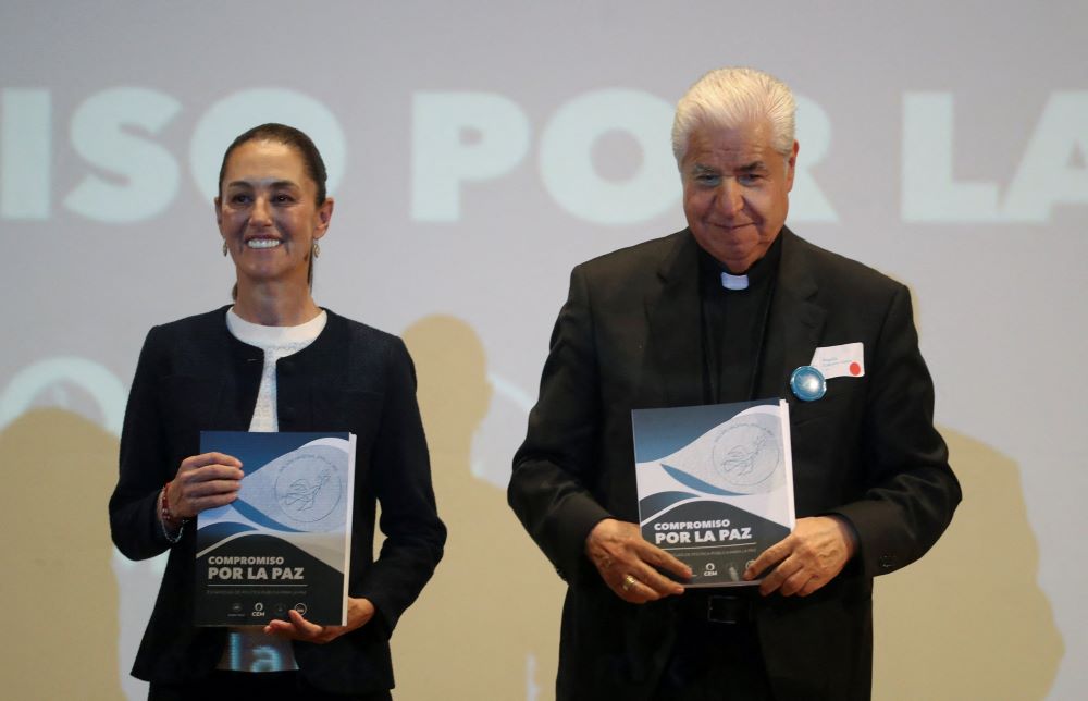 Then-presidential candidate Claudia Sheinbaum of Mexico appears with Archbishop Rogelio Cabrera López of Monterrey March 11 during an event in Mexico City to sign a peace commitment. Then-presidential candidate Claudia Sheinbaum of Mexico appears with Archbishop Rogelio Cabrera López of Monterrey March 11 during an event in Mexico City to sign a peace commitment.