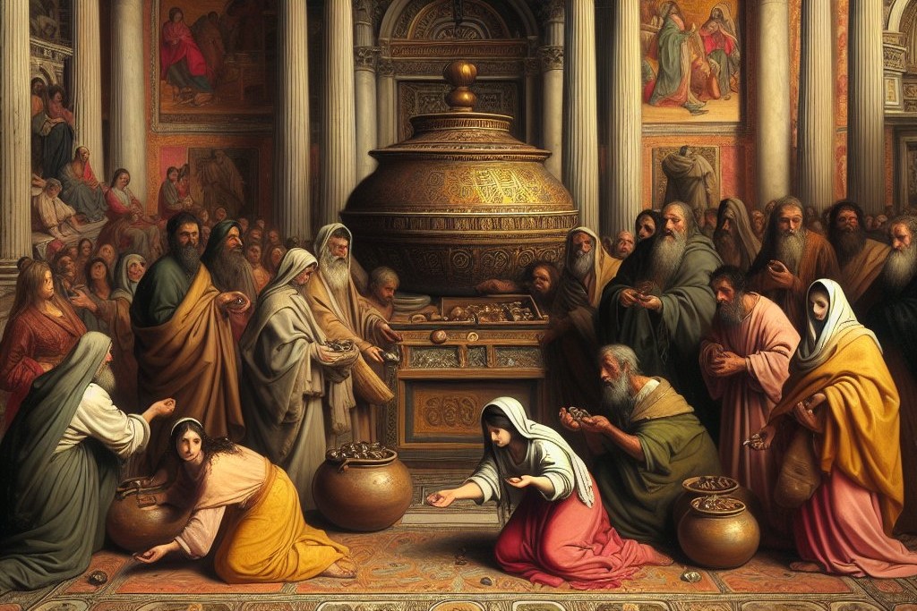 Escena bíblica de Marcos 12, 38-44 Arte digital de estilo renacentista que representa la escena bíblica de Marcos 12, 38-44. (Imagen: cortesía Bible Art)