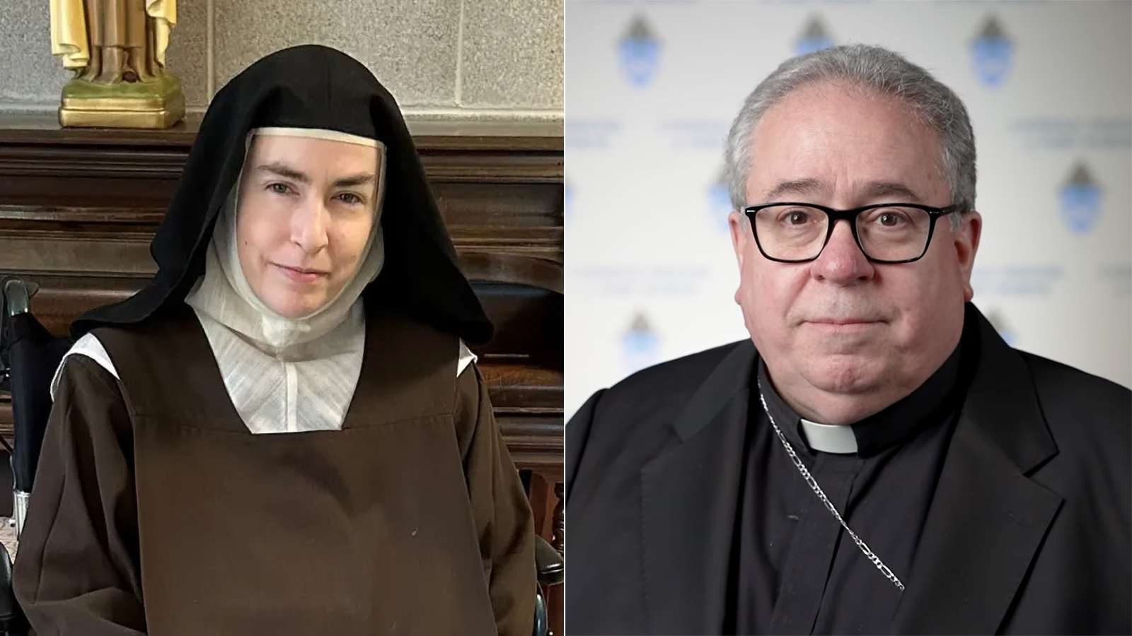 Mother Teresa Agnes Gerlach and Bishop Michael Olson of Forth Worth, Texas. Combination photo of the sister in a traditional, Carmelite habit, and a headshot of the bishop wearing plain black clerics.