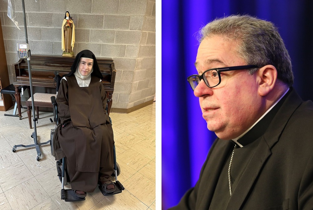 Sister Teresa Agnes Gerlach of Jesus Crucified, former prioress of the Monastery of the Most Holy Trinity in Arlington Texas, and Bishop Michael F. Olson of Forth Worth, Texas. The former prioress habited sits in wheelchair, and the bishop is pictured in profile wearing plain black clerics.