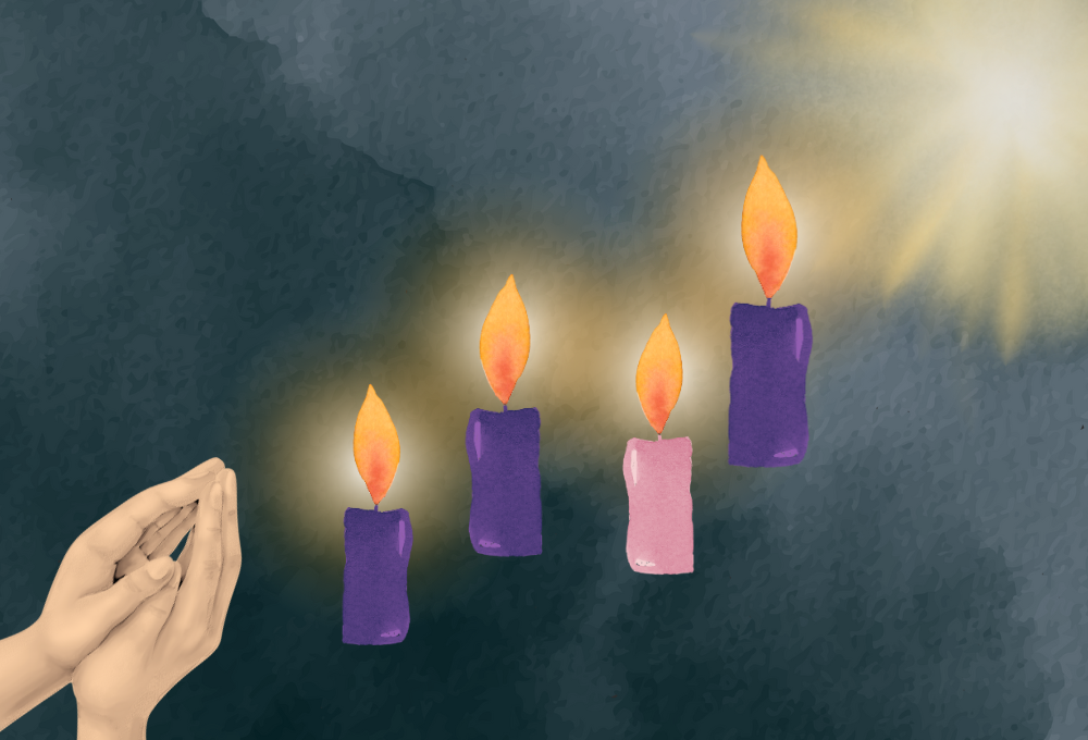 Praying hands with candles (GSR illustration/Olivia Bardo)