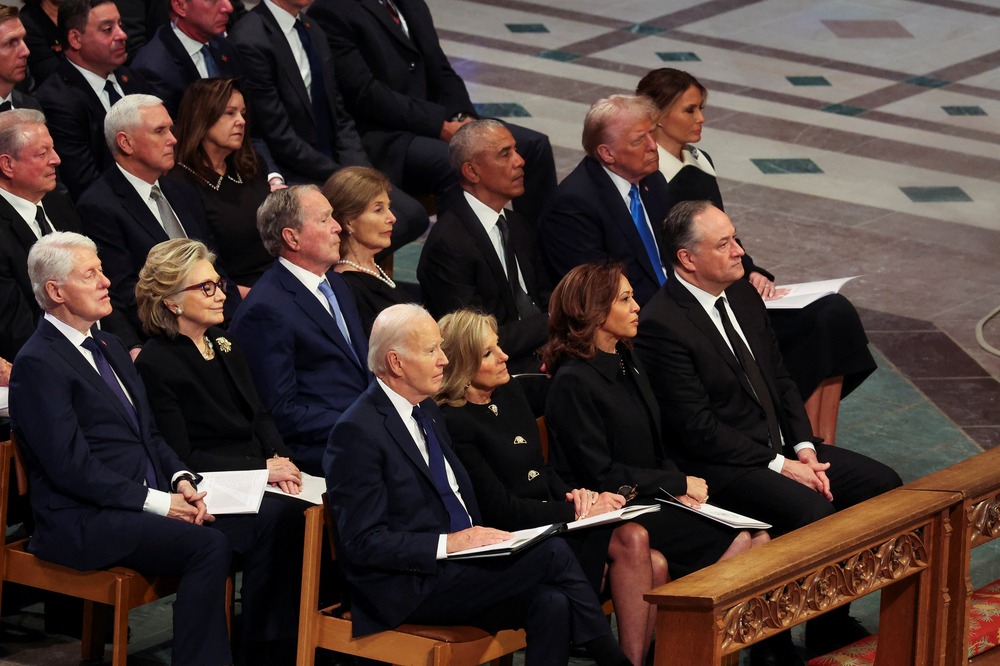 Jimmy Carter state funeral, Washington D.C., Jan. 9, 2025. Four rows of seating pictured, containing living presidents and vice presidents.