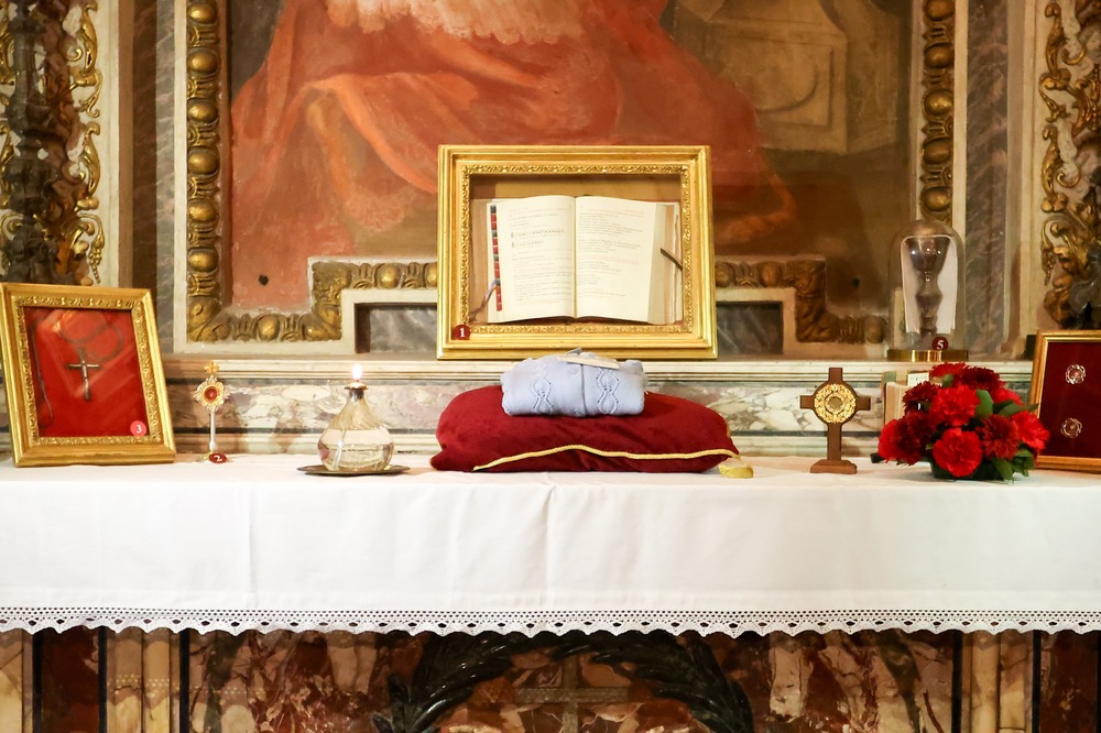 Relics of Sister Dorothy Stang, Basilica of St. Bartholomew, Rome, Jan. 10, 2025. Relics seen on altar.