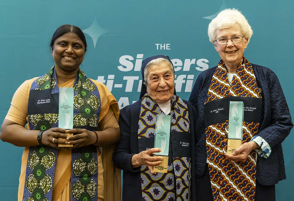 The three awardees at the Sisters Anti-Trafficking Awards are pictured: From left are Sr. Grasy Luisa Rodrigues of the Canossian Daughters of Charity, from India, who won the Common Good Award for courage and creativity; Sr. Marie Claude Naddaf, of the Good Shepherd Sisters, from Lebanon, who won the Human Dignity Award for lifetime achievement in addressing exploitation; and Sr. Anne Victory, who won the Servant Leadership Award for excellence in network building. (Courtesy of Stefano Dal Pozzuolo)