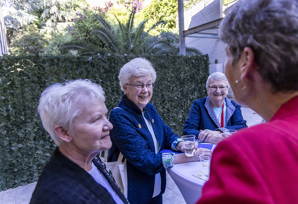 Pictured before the SATAs ceremony in Rome in May 2024 are, from left: Sr. Carol Anne Smith, pastoral leader of the Sisters of the Humility of Mary; Sr. Anne Victory; Sr. Ann Oestreich, Servants of the Immaculate Heart of Mary, board member and past president of the Alliance to End Human Trafficking; and, with her back to the camera, Sr. Sally Duffy of the Sisters of Charity of Cincinnati, current president of the Alliance to End Human Trafficking. (Courtesy of Stefano Dal Pozzuolo)