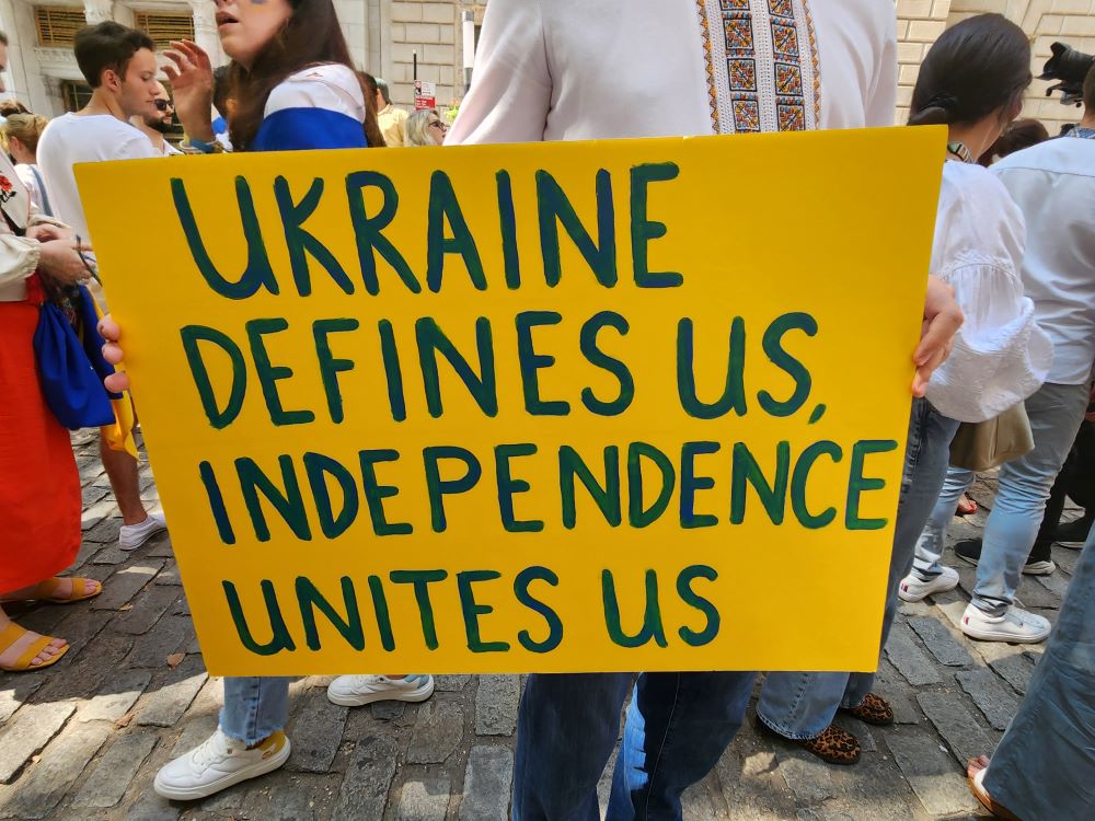 Signs by Ukrainian Americans support Ukrainian independence during a celebration of Ukrainian Independence Day, Aug. 24, in Lower Manhattan, New York City.