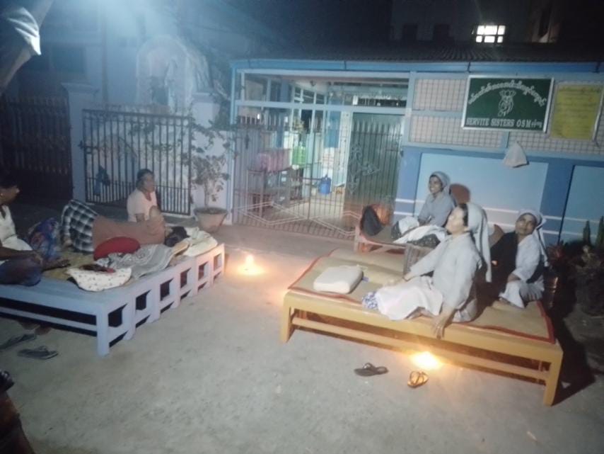 Sisters of the Mother of Sorrows, Servants of Mary spent the night outside their convent in Mandalay, Myanmar, which was destroyed in the massive earthquake on March 28. (Courtesy of Josy Mary)