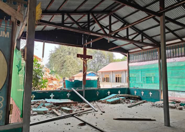 The partly damaged chapel of Mother of Sorrows convent is pictured in Mandalay, Myanmar, where only the crucifix survived the 7.7 magnitude earthquake. (Courtesy of Josy Mary)
