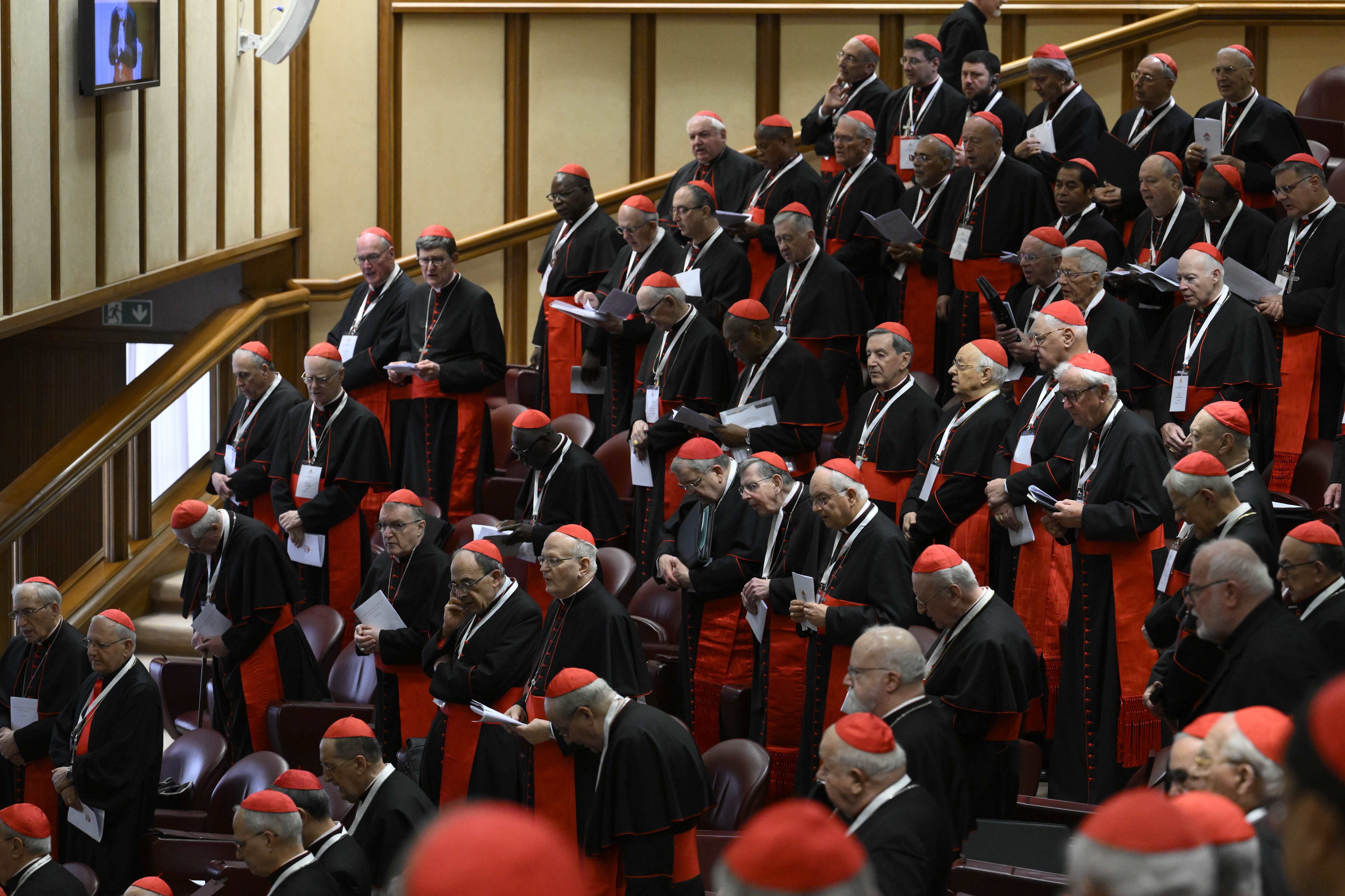 Cardinals gather in the New Synod Hall at the Vatican for their fifth general congregation meeting April 28, 2025. (CNS photo/Vatican Media)