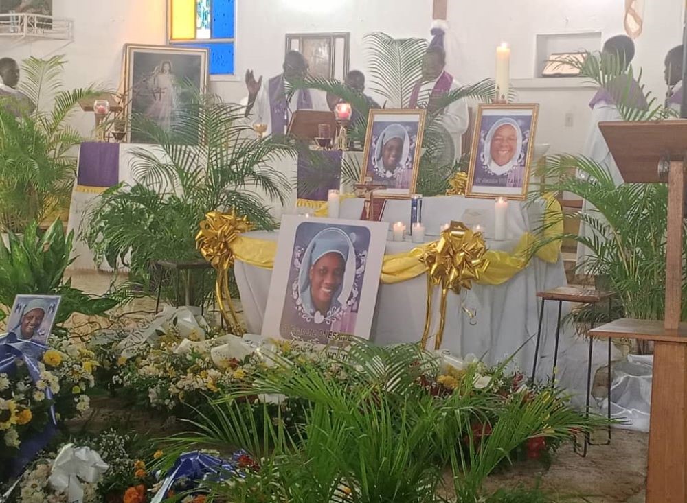 Flowers and photos at memorial service