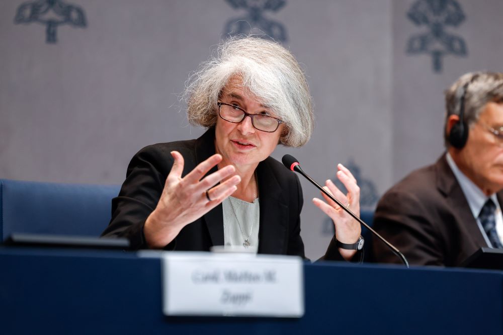 Xavière Missionary Sr. Nathalie Becquart, undersecretary of the Synod of Bishops, speaks at a press briefing about the Synod of Bishops at the Vatican Oct. 21, 2024. (CNS/Lola Gomez)