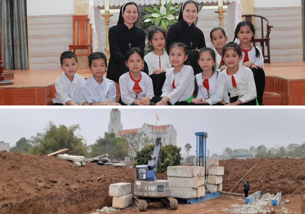 At top, Sr. Ngan Nguyen, left, and Sr. Mung Nguyen, right, with children at Muong Cat Church in August 2024; the bottom image shows construction of a girls’ dormitory by the Lovers of the Holy Cross on March 10 in the Lac Son district of Hoa Binh province of Hanoi, Vietnam. (Top photo courtesy of Sr. Mung Nguyen; bottom photo by Mung Nguyen)