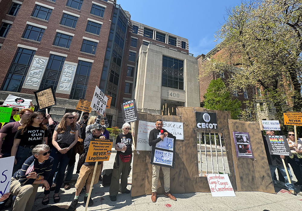 A group protests outside the building that houses the Salvadoran embassy April 14 in Washington. Some called out El Salvador’s president Nayib Bukele for not advocating for Salvadoran immigrants during his visit to the White House and also for incarcerating wrongfully accused detainees inside Terrorism Confinement Center, known as CECOT in El Salvador. (GSR photo/Rhina Guidos)